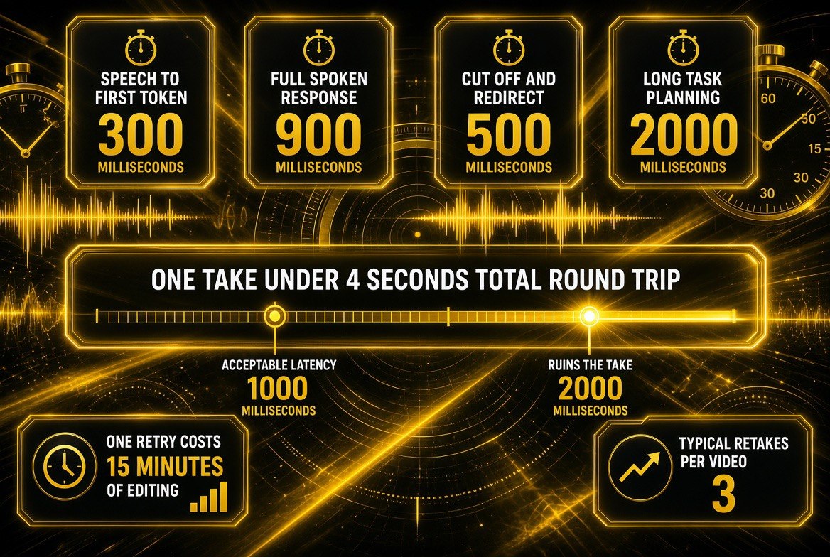 Latency budget breakdown for live AI voice recording showing speech to first token at 300 milliseconds, full spoken response at 900 milliseconds, interrupt and redirect at 500 milliseconds, and long task planning at 2000 milliseconds, with acceptable and unusable latency thresholds