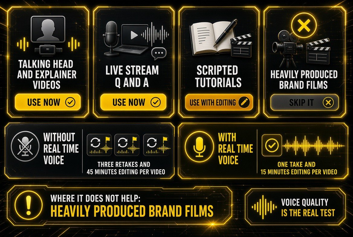 Use case decision matrix for real time AI voice showing talking head videos and live Q and A as use now, scripted tutorials as use with editing, and heavily produced brand films as skip it, alongside a retake and editing time comparison