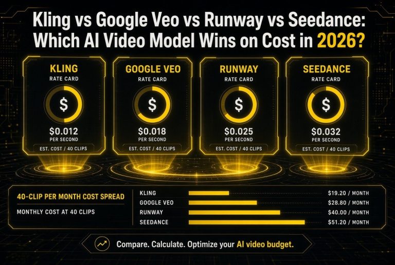 Kling vs Google Veo vs Runway vs Seedance rate card comparison with 40-clip monthly cost spread