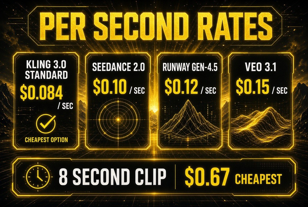Per-second API pricing comparison of Kling 3.0 at $0.084, Seedance 2.0 at $0.10, Runway Gen-4.5 at $0.12 and Veo 3.1 at $0.15 per second, with an 8-second clip costing $0.67 at the cheapest rate