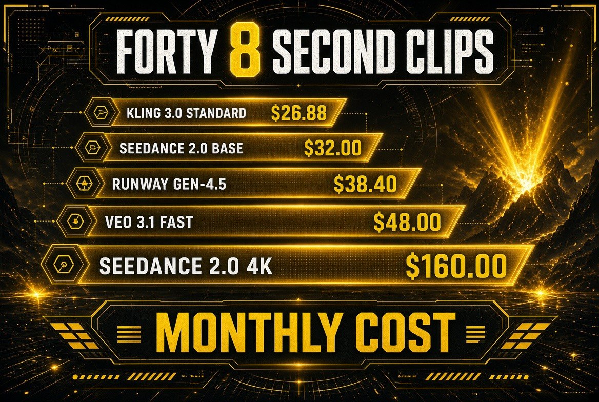 Monthly cost of forty 8-second AI video clips: Kling 3.0 standard $26.88, Seedance 2.0 base $32.00, Runway Gen-4.5 $38.40, Veo 3.1 Fast $48.00, and Seedance 2.0 at 4K $160.00