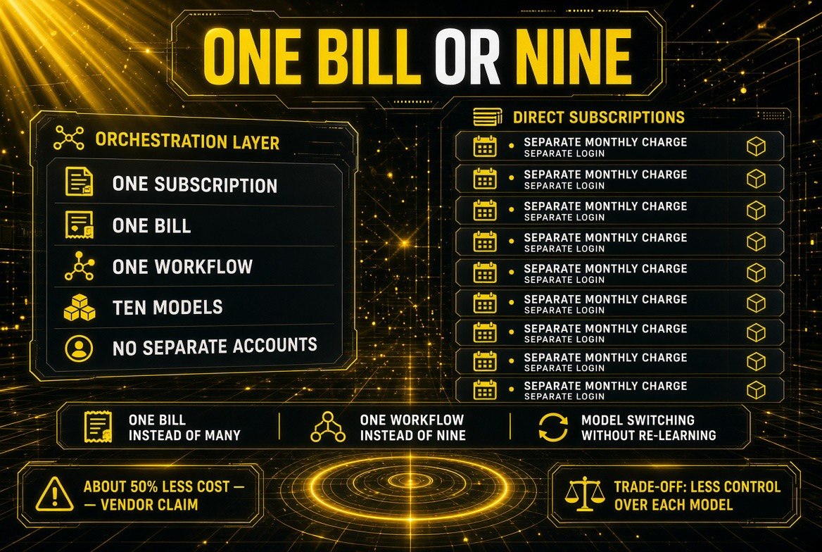 Side by side comparison of one orchestration layer subscription versus nine separate direct model subscriptions, showing one bill, one workflow, and ten models against separate monthly charges and separate logins
