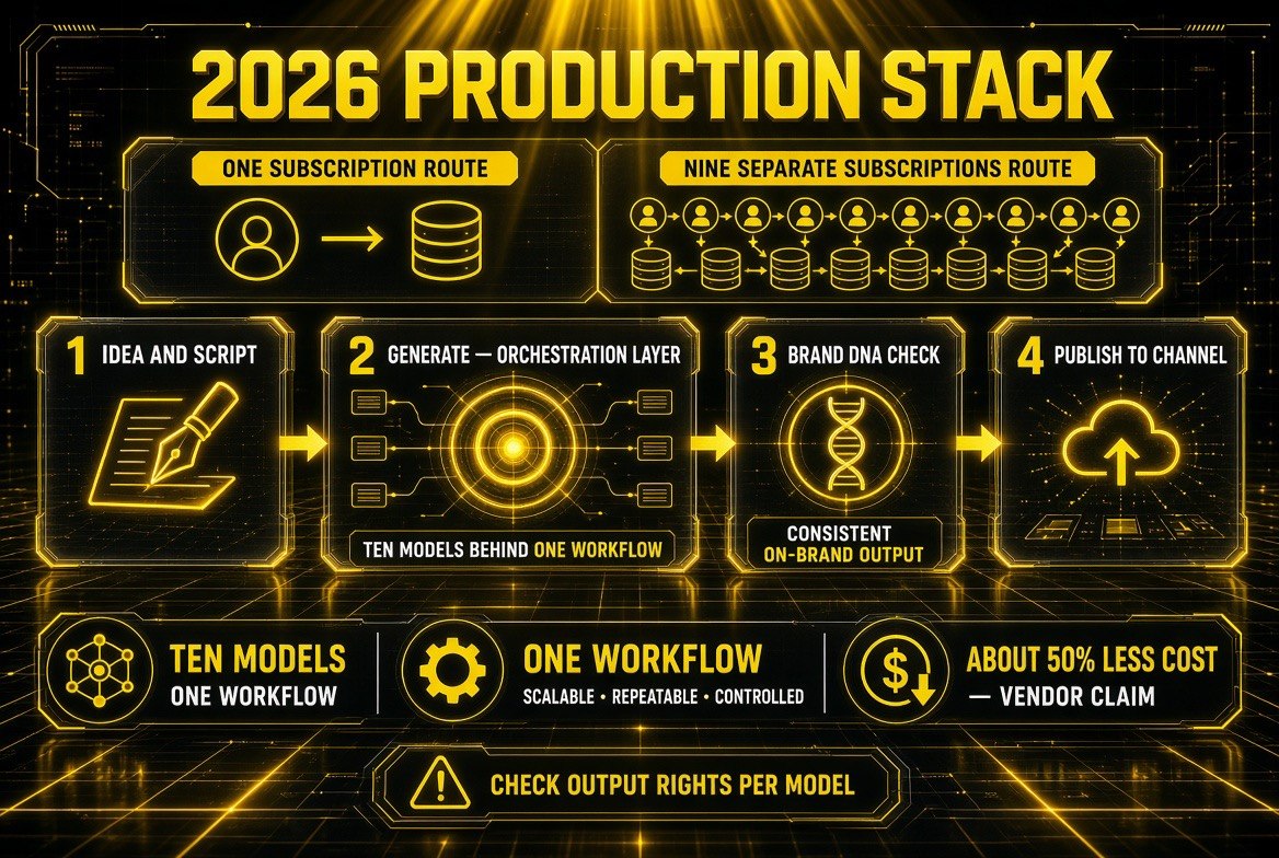 2026 creator production stack infographic showing four pipeline stages from idea and script through the orchestration layer and brand DNA check to publish to channel, with metric cards for ten models, one workflow, and about 50 percent less cost as a vendor claim
