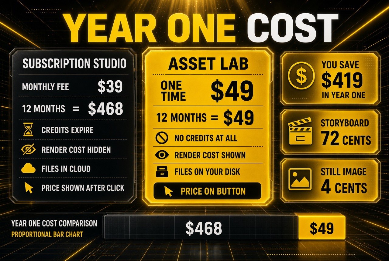 Year one cost comparison: a $39 per month subscription studio totaling $468 over 12 months versus Asset Lab at $49 once, a $419 saving in year one