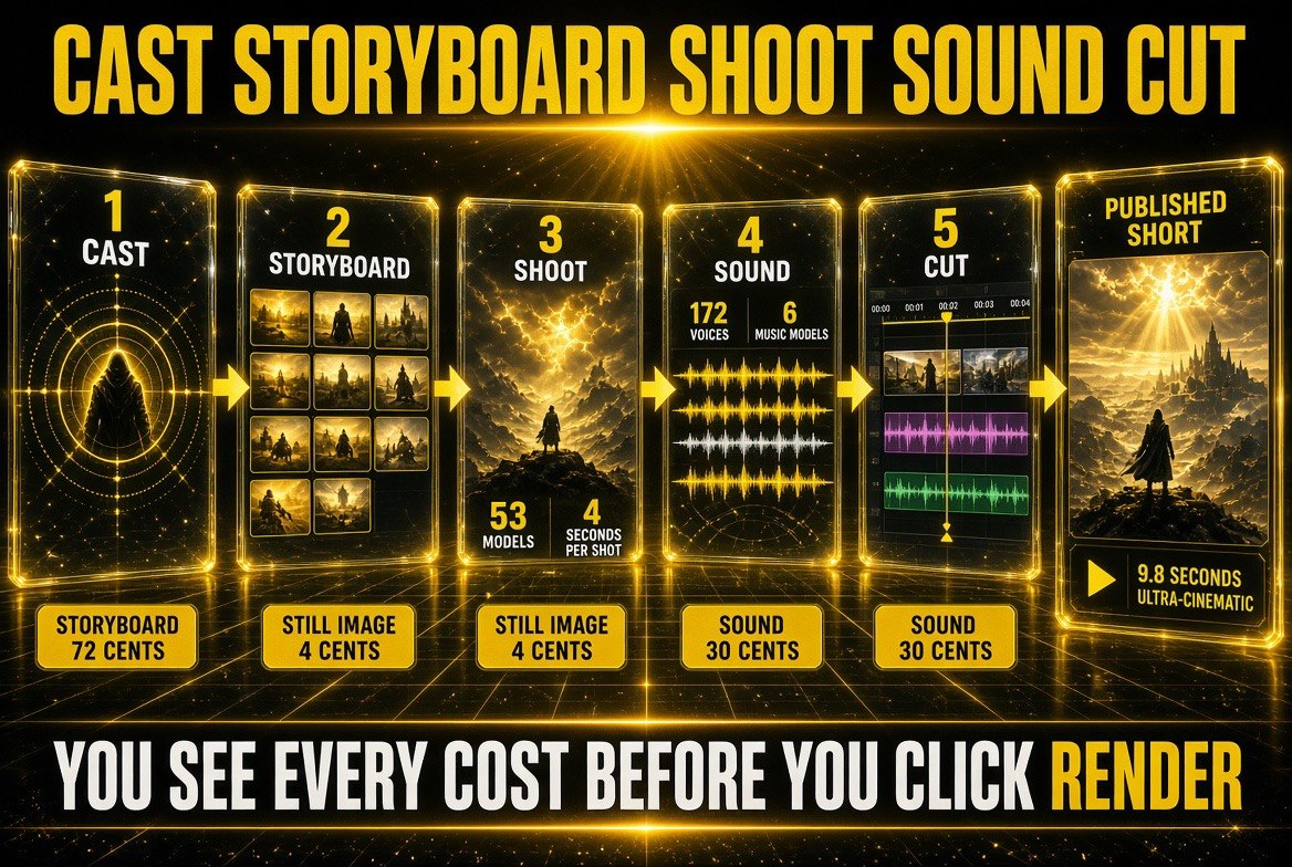 The five-stage Asset Lab pipeline: Cast, Storyboard, Shoot, Sound, Cut, with per-unit costs of 72 cents per storyboard, 4 cents per still image, and 30 cents for sound