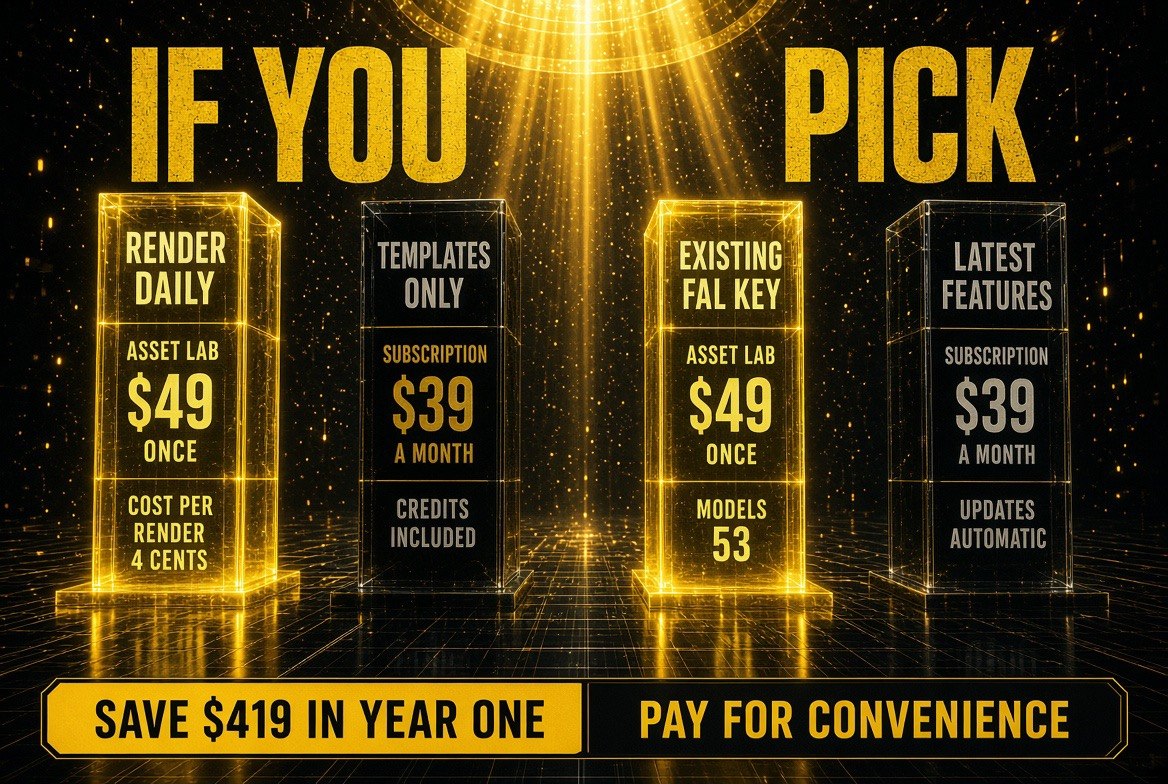Asset Lab decision matrix: render daily or bring your own Fal.ai key and the one-time $49 desktop studio wins, versus $39 a month for templates and automatic updates