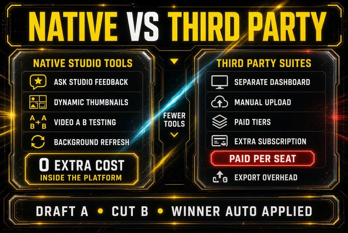 Native Studio tools versus third party suites comparison showing Ask Studio feedback, dynamic thumbnails, video A B testing and background refresh included at zero extra cost