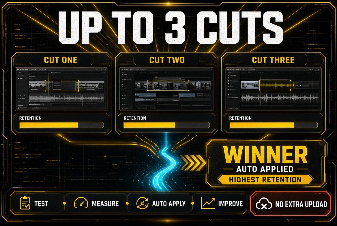 Video A B testing workflow showing up to three cuts tested in parallel with the highest retention cut auto applied