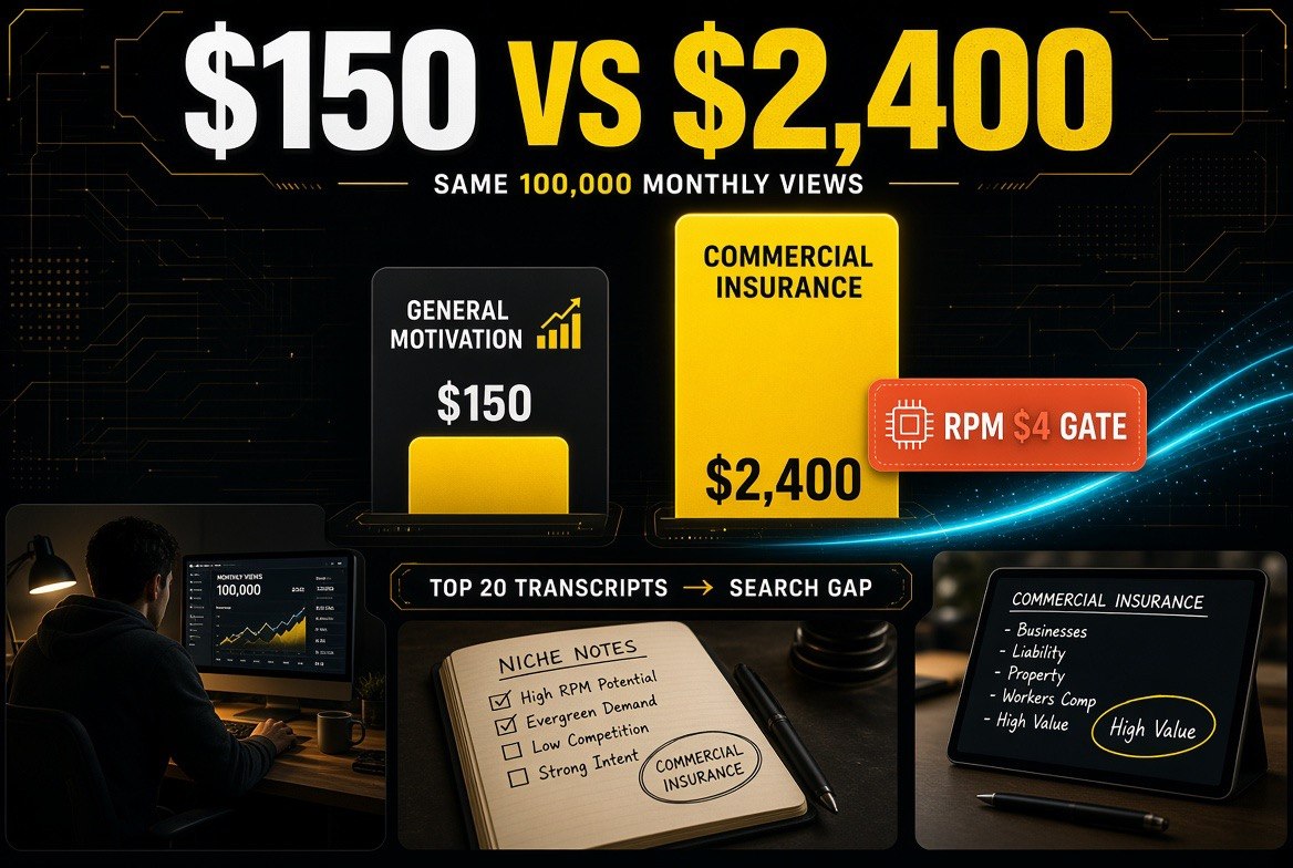 Bar chart comparing $150 versus $2,400 in monthly ad revenue for the same 100,000 views across two faceless YouTube niches