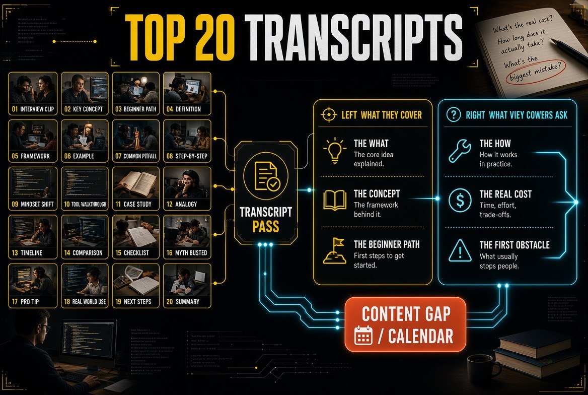 Process flow showing 20 competitor video transcripts analysed against the questions viewers keep asking in order to find the content gap