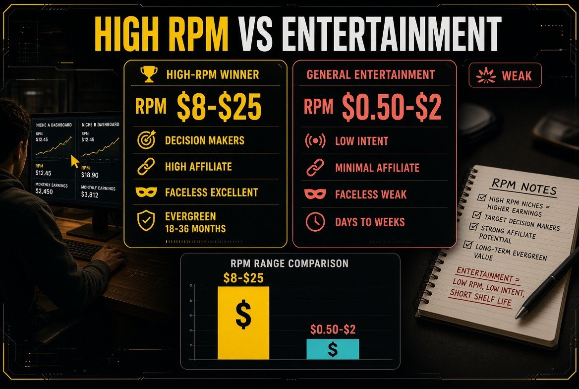 Side-by-side scoring comparison of a high-RPM faceless niche and a general entertainment niche across RPM, buyer intent, affiliate potential, faceless feasibility and evergreen half-life