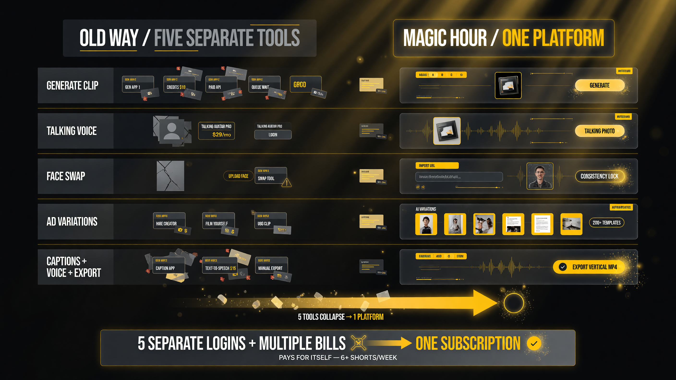 Side by side comparison showing the old way of producing AI shorts with five separate paid AI tools facing many logins subscriptions and credits versus Magic Hour acting as one all in one platform showing the consolidation that pays for itself