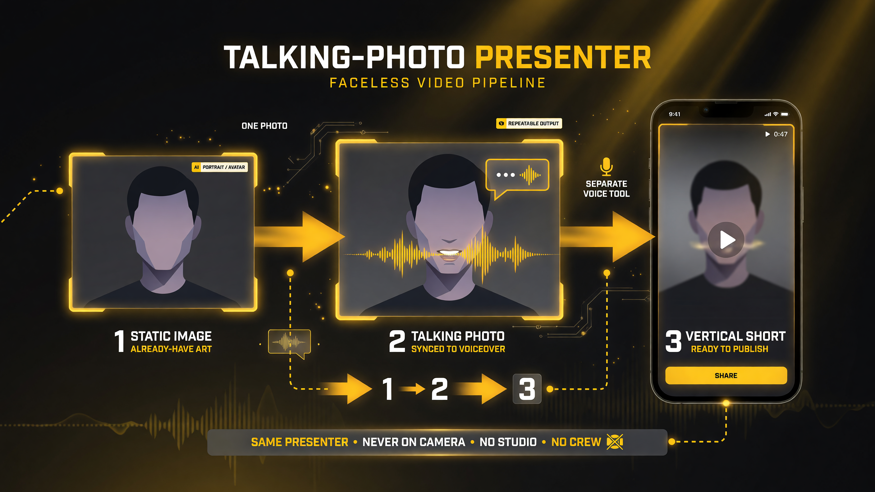 Three step process showing how a single static AI portrait or avatar becomes a talking photo synced to a voiceover and then a published vertical video short, the faceless presenter pipeline never needs to appear on camera