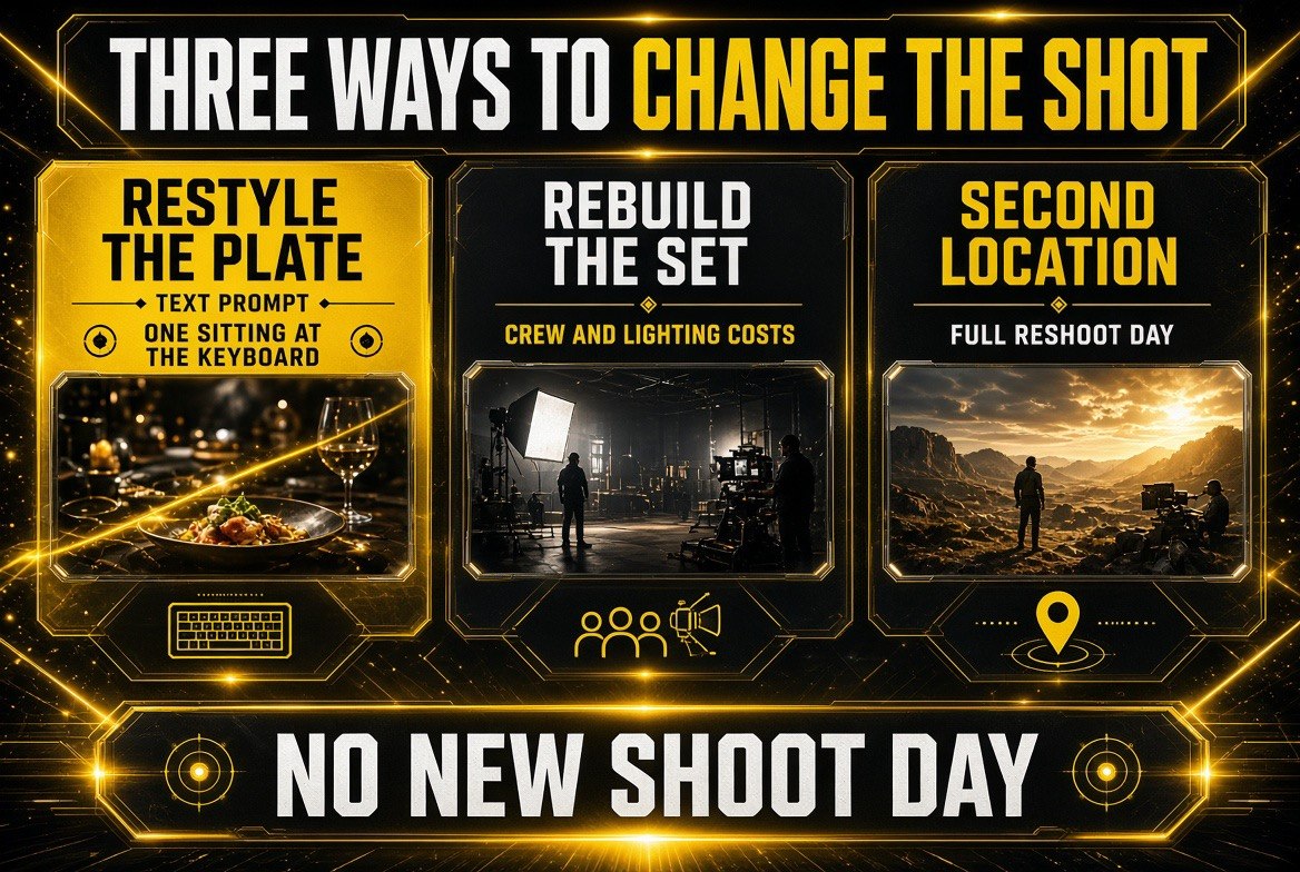 Three ways to change how a shot looks: restyling the plate from a text prompt in one sitting at the keyboard versus rebuilding the set with crew and lighting costs or booking a second location for a full reshoot day