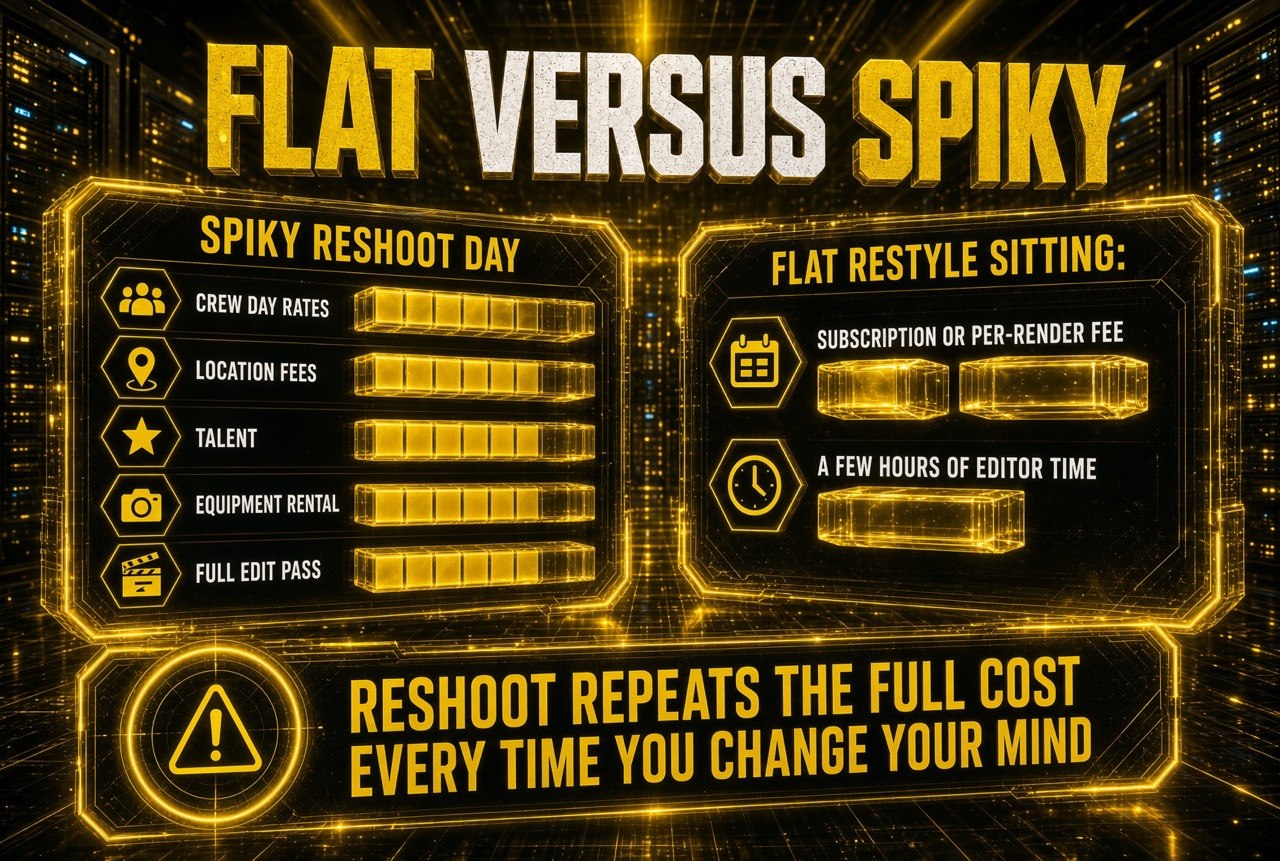 Flat versus spiky cost comparison: a reshoot day carrying crew day rates, location fees, talent, equipment rental and a full edit pass against a restyle sitting that costs only a subscription or per-render fee and a few hours of editor time