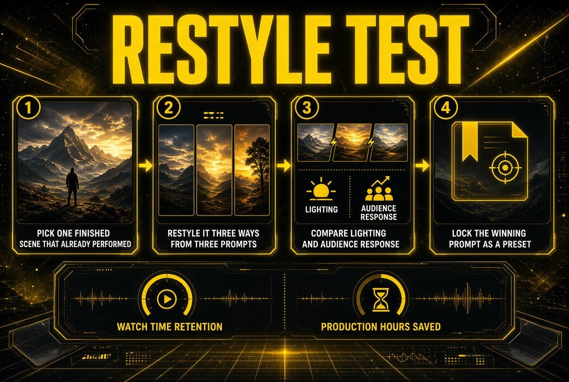 A four-step restyle test workflow: pick a scene that already performed, restyle it three ways from three prompts, compare lighting and audience response, then lock the winning prompt as a reusable preset