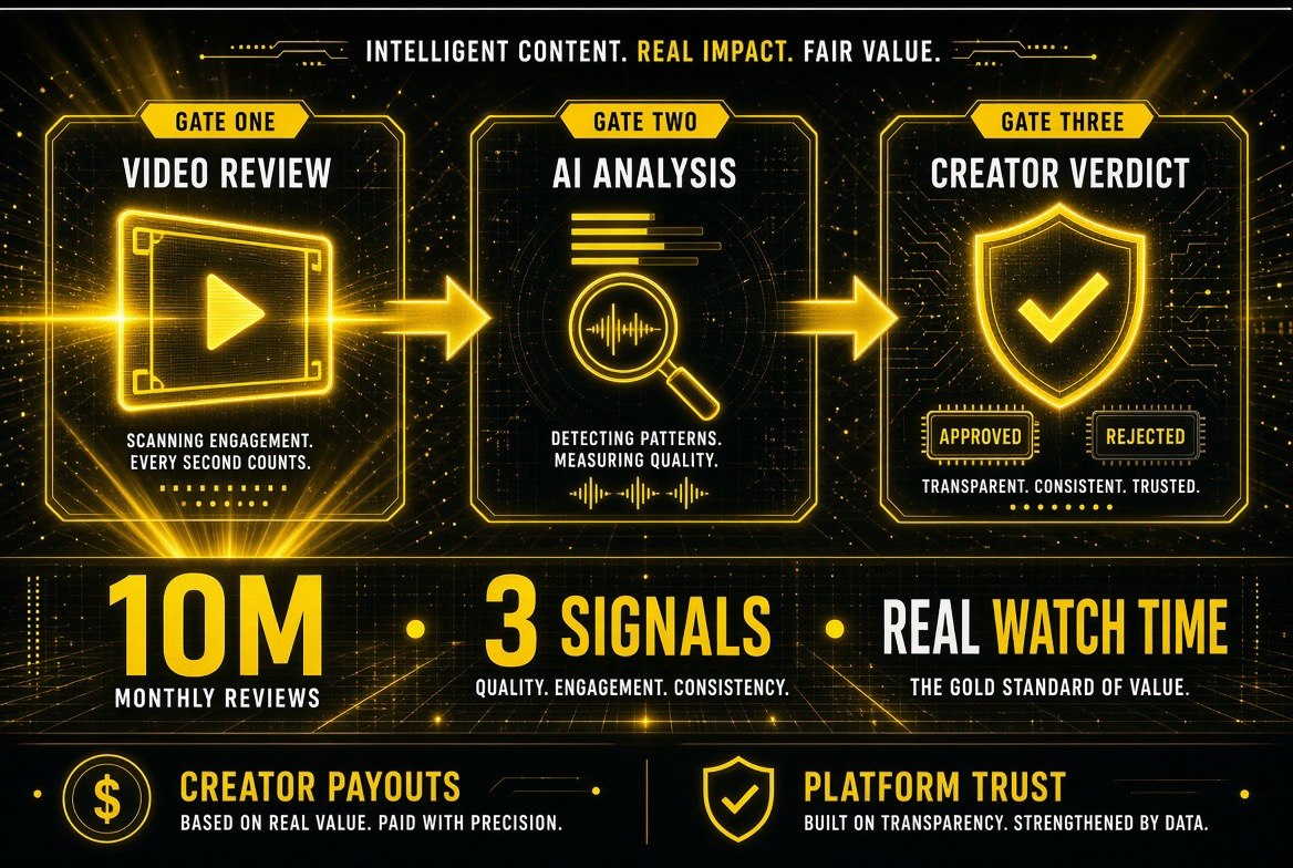 Three-gate creator vetting pipeline diagram showing video review, AI analysis, and creator verdict stages with payout and platform trust outcomes