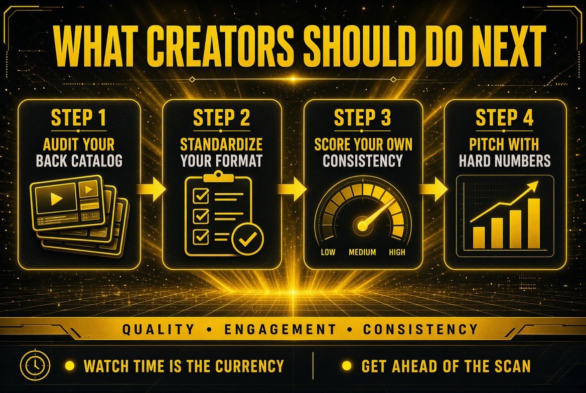 Four-step creator roadmap infographic covering auditing the back catalog, standardizing format, scoring consistency, and pitching with hard numbers