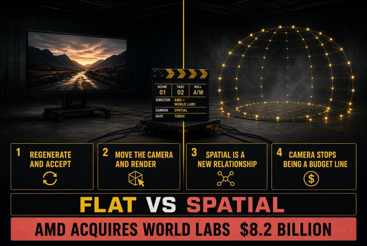 Two matched screening bays split by a seam, a flat screen on the left and a volumetric capture rig on the right, illustrating flat video versus spatial world models