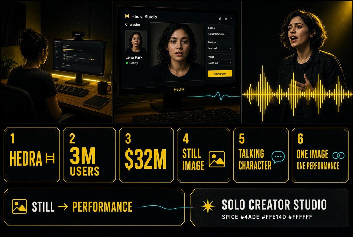 Hedra Studio turns one still image into a performing AI character - three vignettes and six data cards