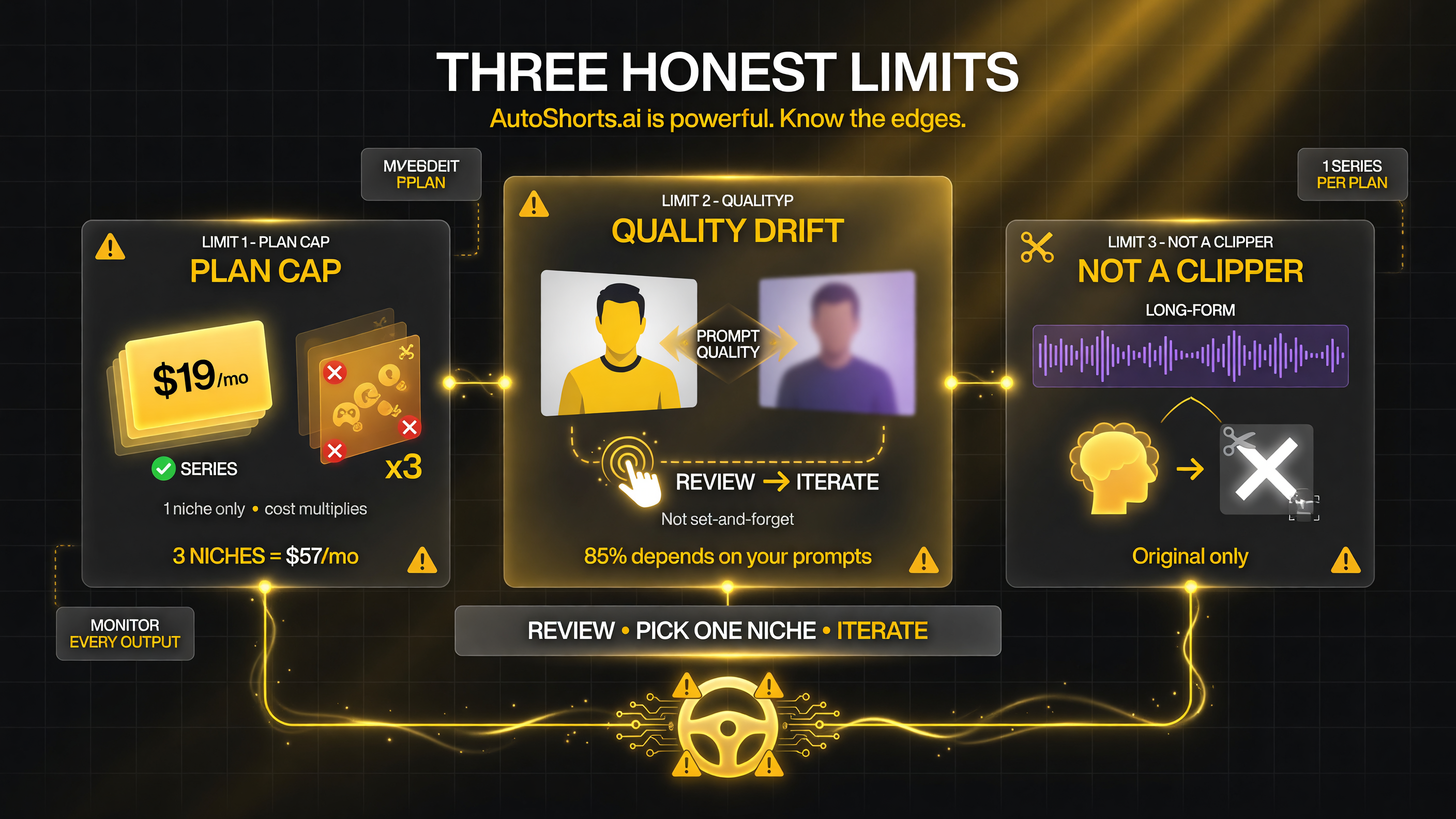 AutoShorts.ai honest limitations: each plan supports only one Series so multiple niches cost more, auto-generated faceless content can drift generic so you must review and iterate, and it is not the tool for repurposing your own long-form videos into clips.