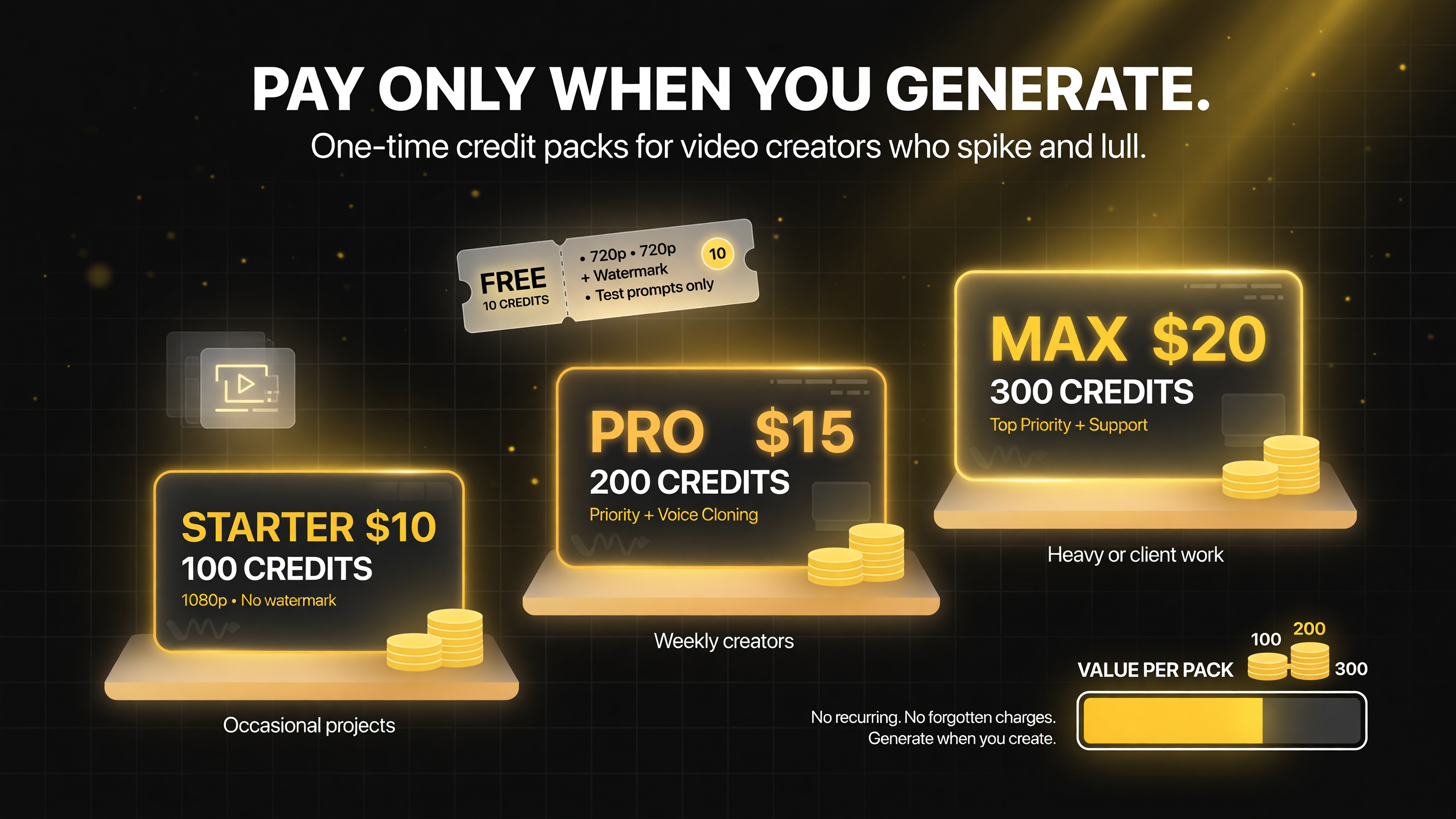 CreatorAI AI video credit packs pay when you generate no subscription lock in starter pro max