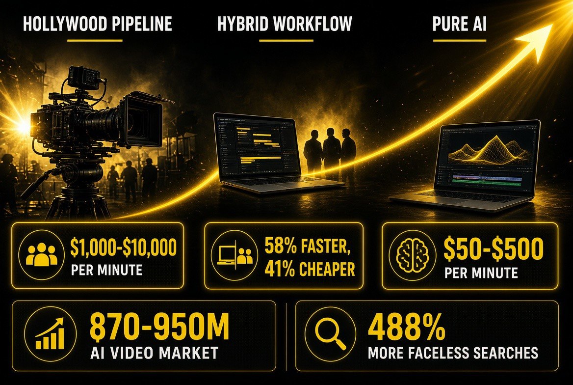 Infographic comparing AI video production costs per minute across a Hollywood pipeline at $1,000-$10,000, a hybrid workflow 58% faster and 41% cheaper, and a pure AI workflow at $50-$500, with the AI video market at 870-950 million and faceless searches up 488%
