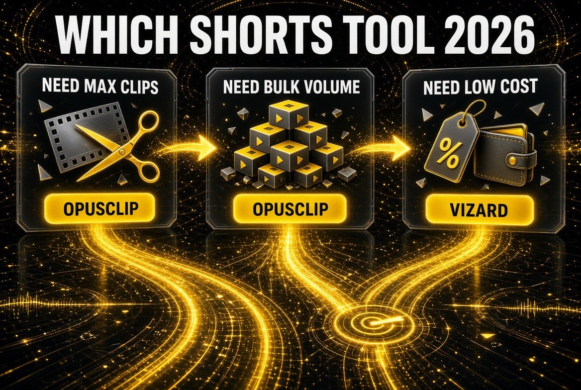 Decision flow infographic showing which AI shorts tool to choose in 2026 based on clip volume and cost needs
