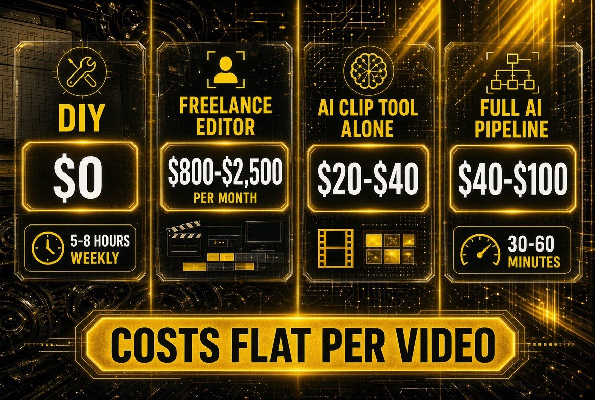 Cost comparison for repurposing one long video per week: doing it yourself at $0 but 5-8 hours weekly, a freelance editor at $800-$2,500 monthly, a clip tool alone at $20-$40, or the full AI pipeline at $40-$100 with 30-60 minutes of work