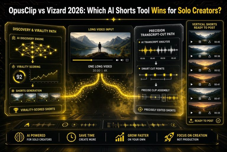 OpusClip vs Vizard 2026 comparison infographic for solo creators