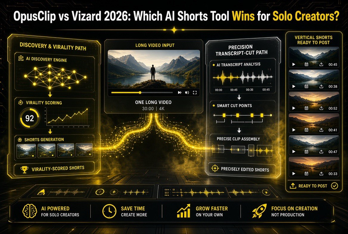 OpusClip vs Vizard 2026 comparison infographic for solo creators