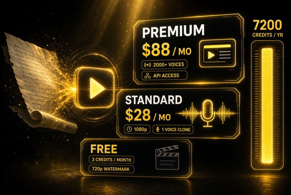 Fliki pricing tiers compared: Free with 3 credits per month at 720p and a watermark, Standard at 28 dollars per month with 1080p and one voice clone, and Premium at 88 dollars per month with 2000 plus voices, API access, and 7200 credits per year