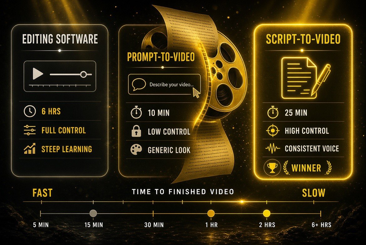 Three-way workflow comparison: editing software takes 6 hours with full control and a steep learning curve, prompt-to-video takes 10 minutes with low control and a generic look, and script-to-video takes 25 minutes with high control and a consistent voice