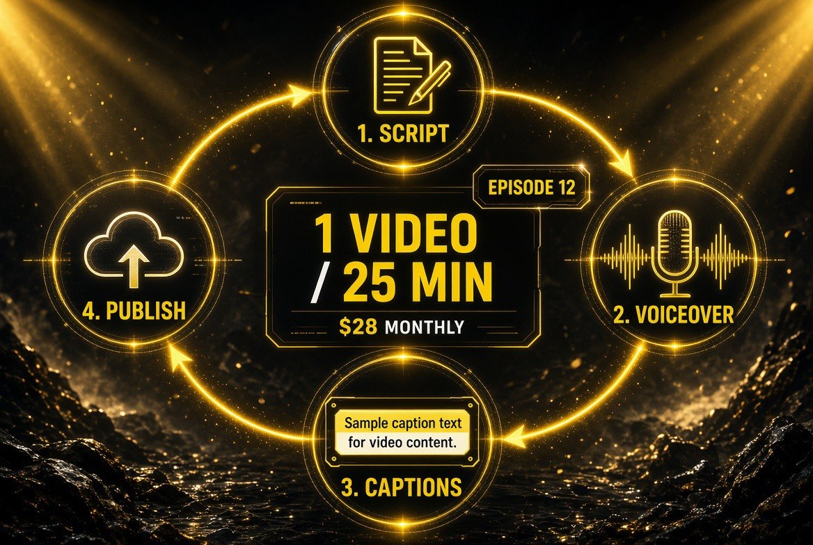 Fliki faceless channel production loop: script, voiceover, captions, publish, running one video every 25 minutes at 28 dollars monthly