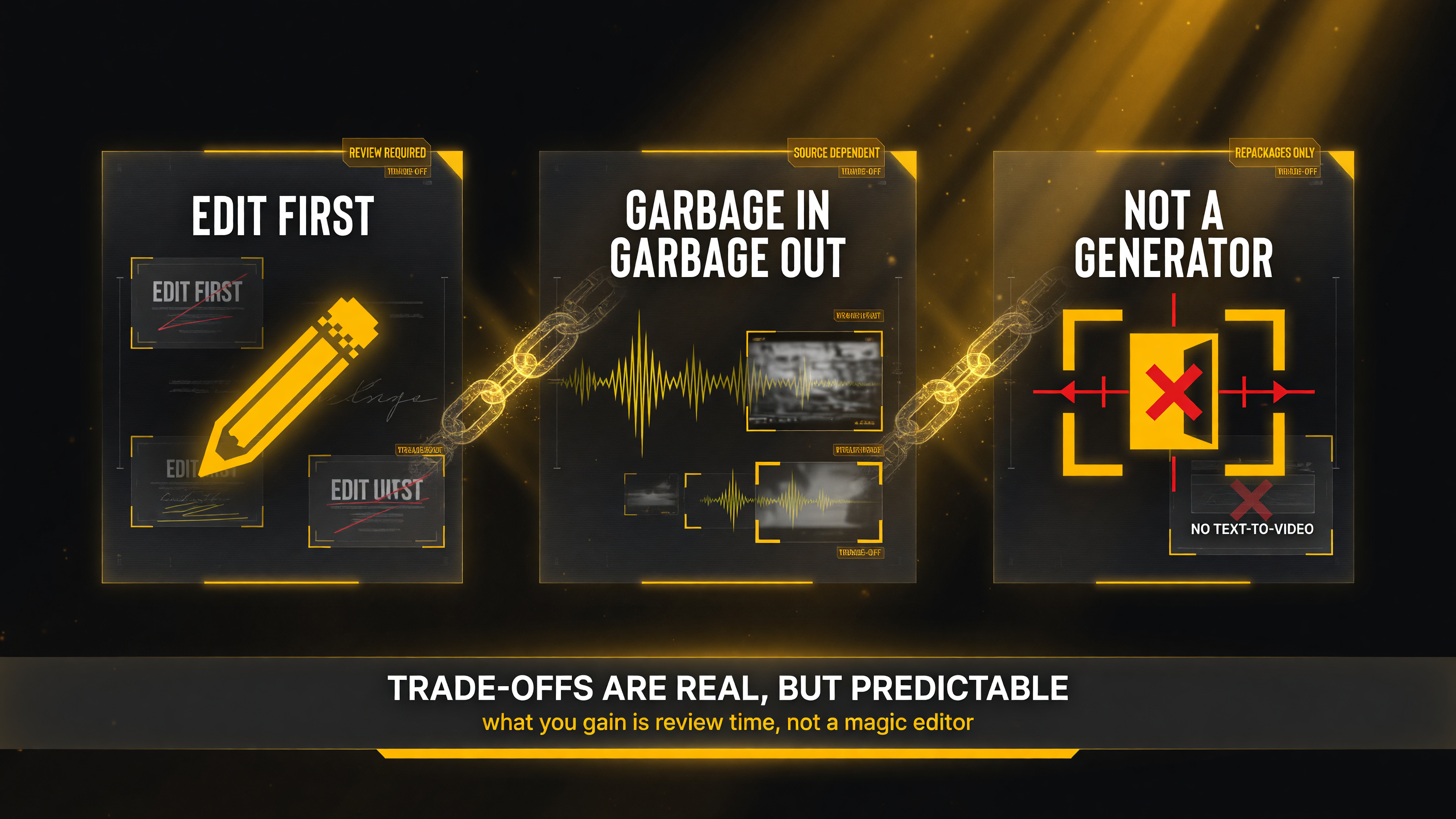HypeNest honest trade-offs: expect to review and tweak AI titles and thumbnails, weak source video produces weak clips, and HypeNest repackages existing long-form video rather than generating original content from scratch.