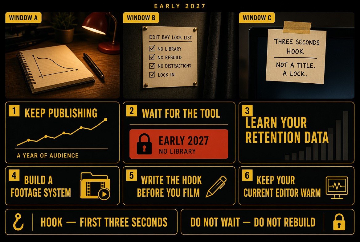 Early 2027 decision fork infographic comparing keep publishing with wait for the tool