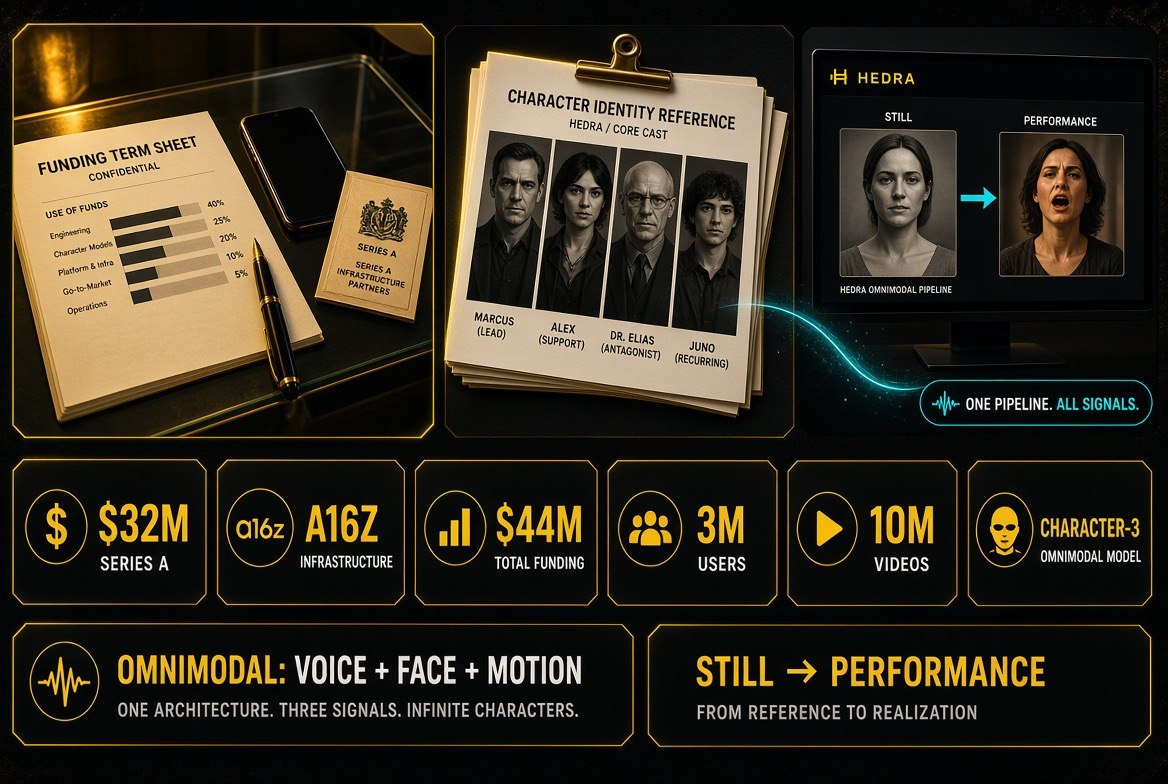 Six-card metric scorecard of Hedra business case: $32M Series A led by a16z Infrastructure, $44M total funding, 3M users, 10M videos, Character-3 omnimodal model