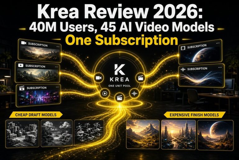Krea subscription diagram showing one unit pool across 45 AI video models with cheap draft and expensive finish tiers