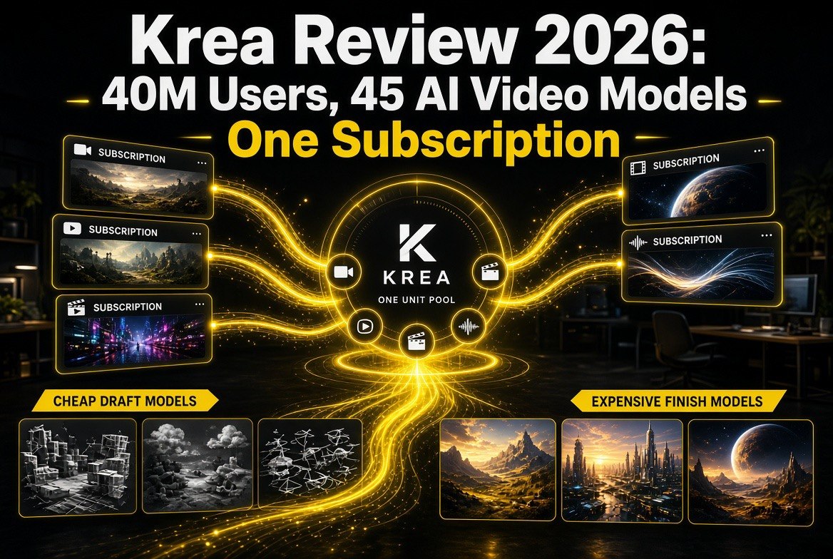 Krea subscription diagram showing one unit pool across 45 AI video models with cheap draft and expensive finish tiers