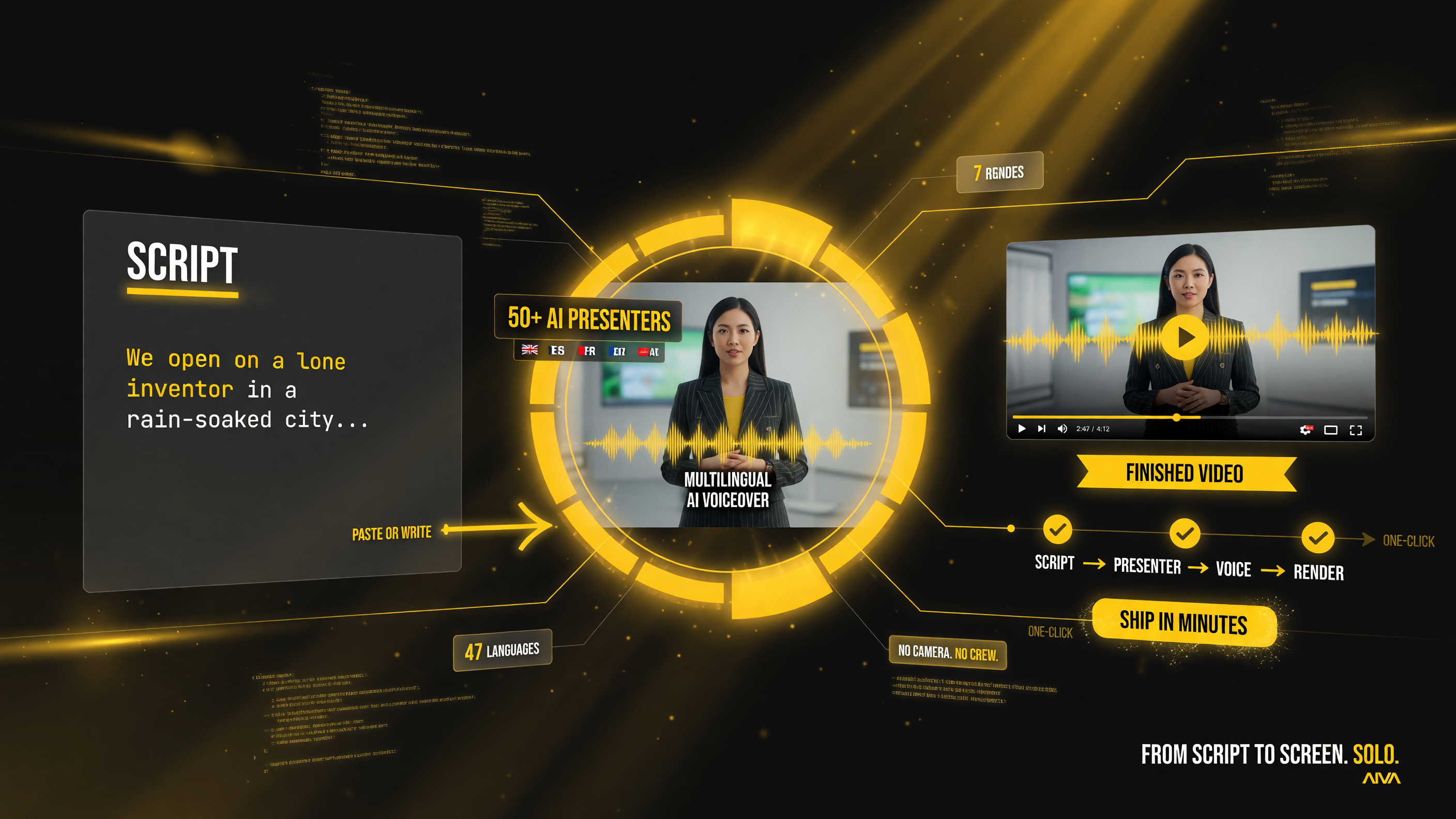 Lumigen script-to-video pipeline showing a solo creator pasting a script and getting a finished AI presenter-led video with multilingual voiceover