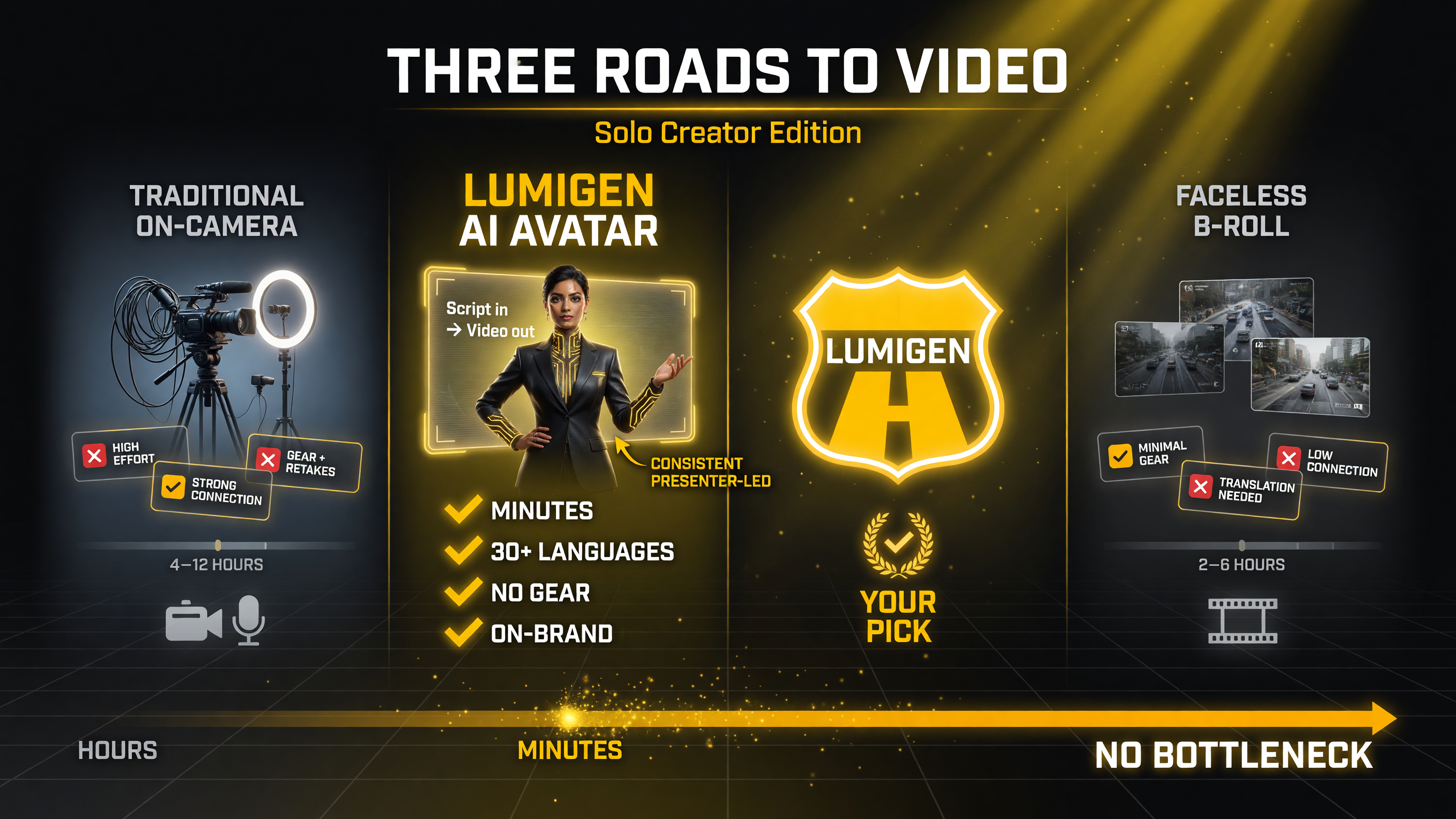 Three-column comparison of Lumigen AI Avatar versus traditional on-camera filming versus faceless b-roll channels for solo creators