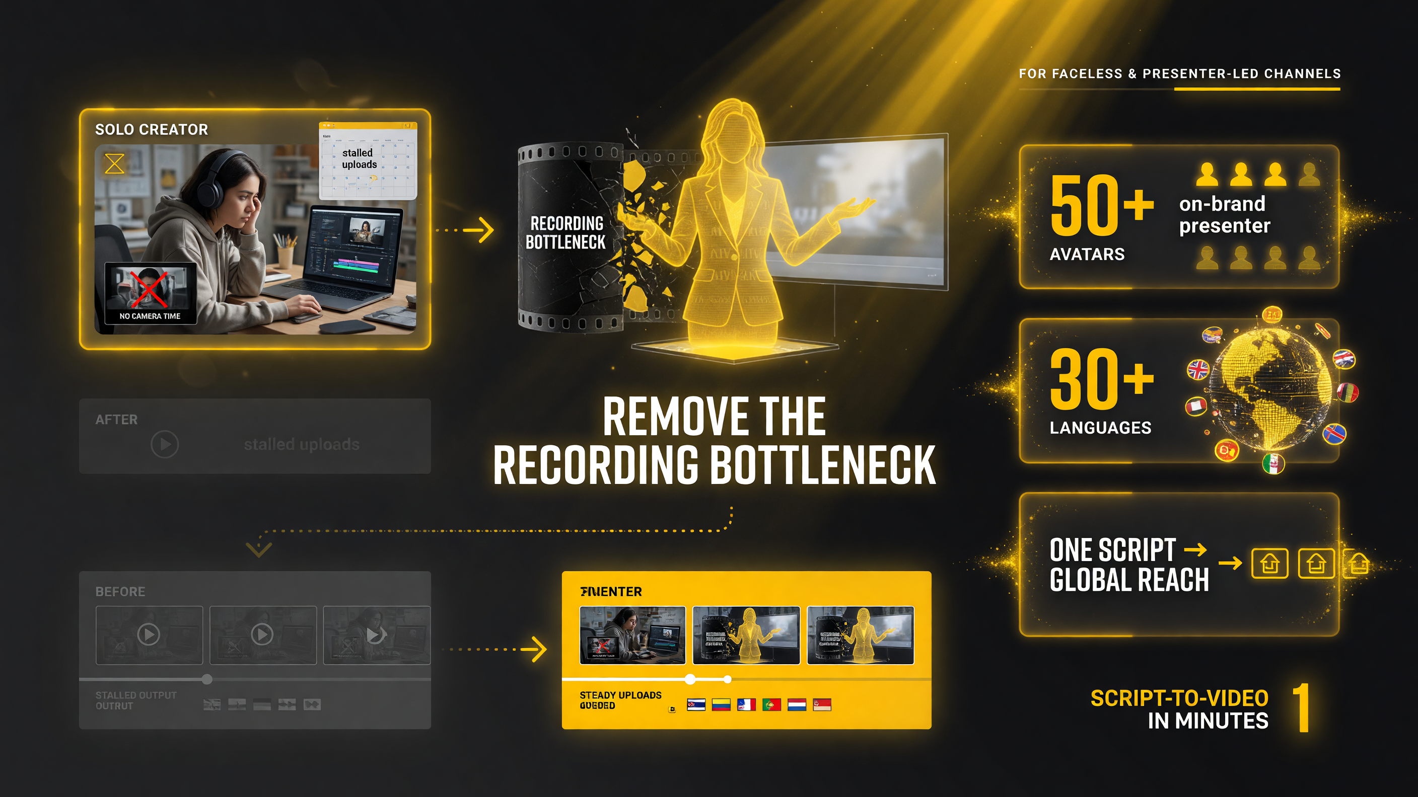 Who should use Lumigen profile: solo creator avoiding on-camera who wants a consistent presenter-led channel and multilingual global reach from one script