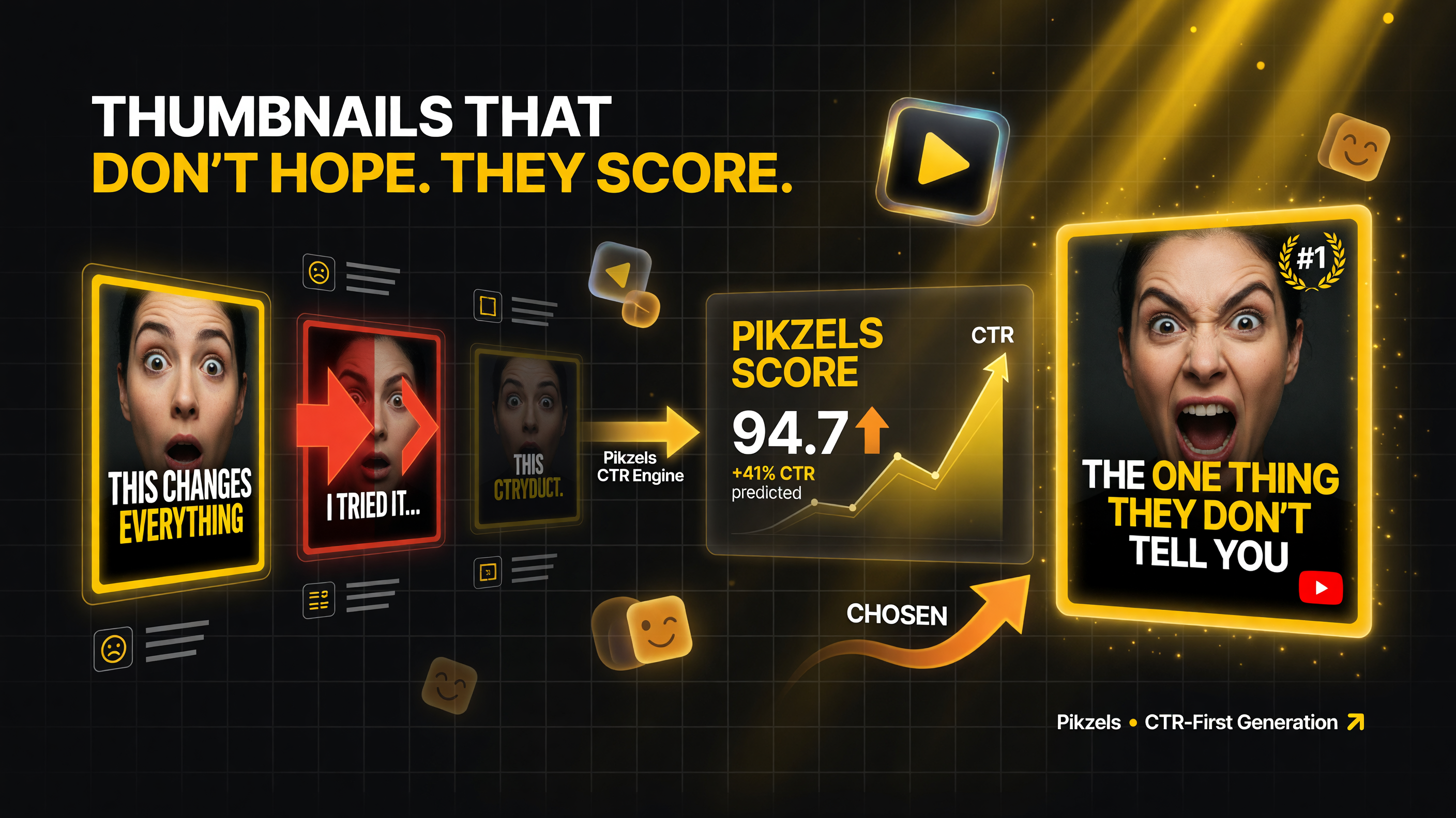 Pikzels AI YouTube thumbnail generator showing candidate concepts scored by the Pikzels Score CTR-prediction model with a rising predicted click-through rate