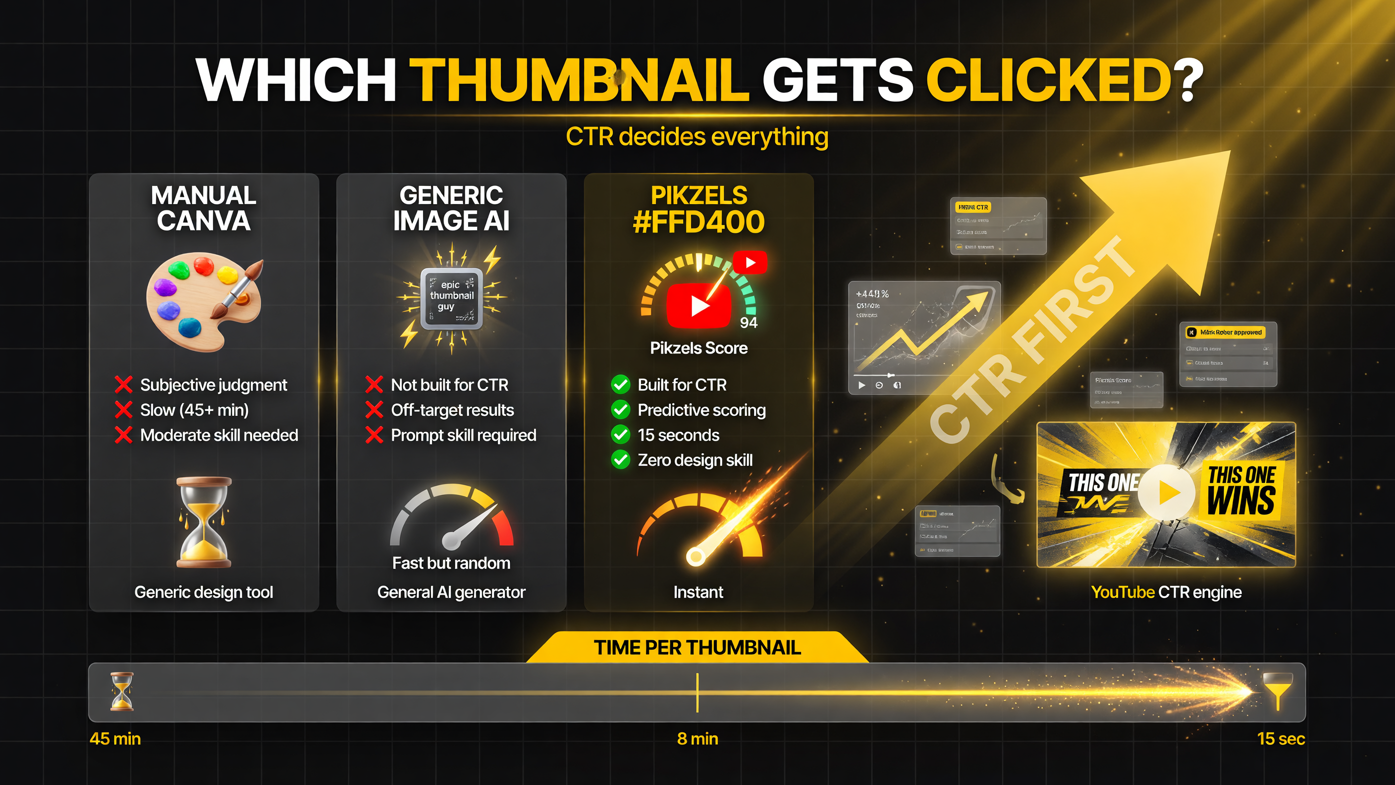Three-column comparison of Pikzels versus manual design in Canva versus generic image AI for making YouTube thumbnails, focused on CTR score speed and design skill