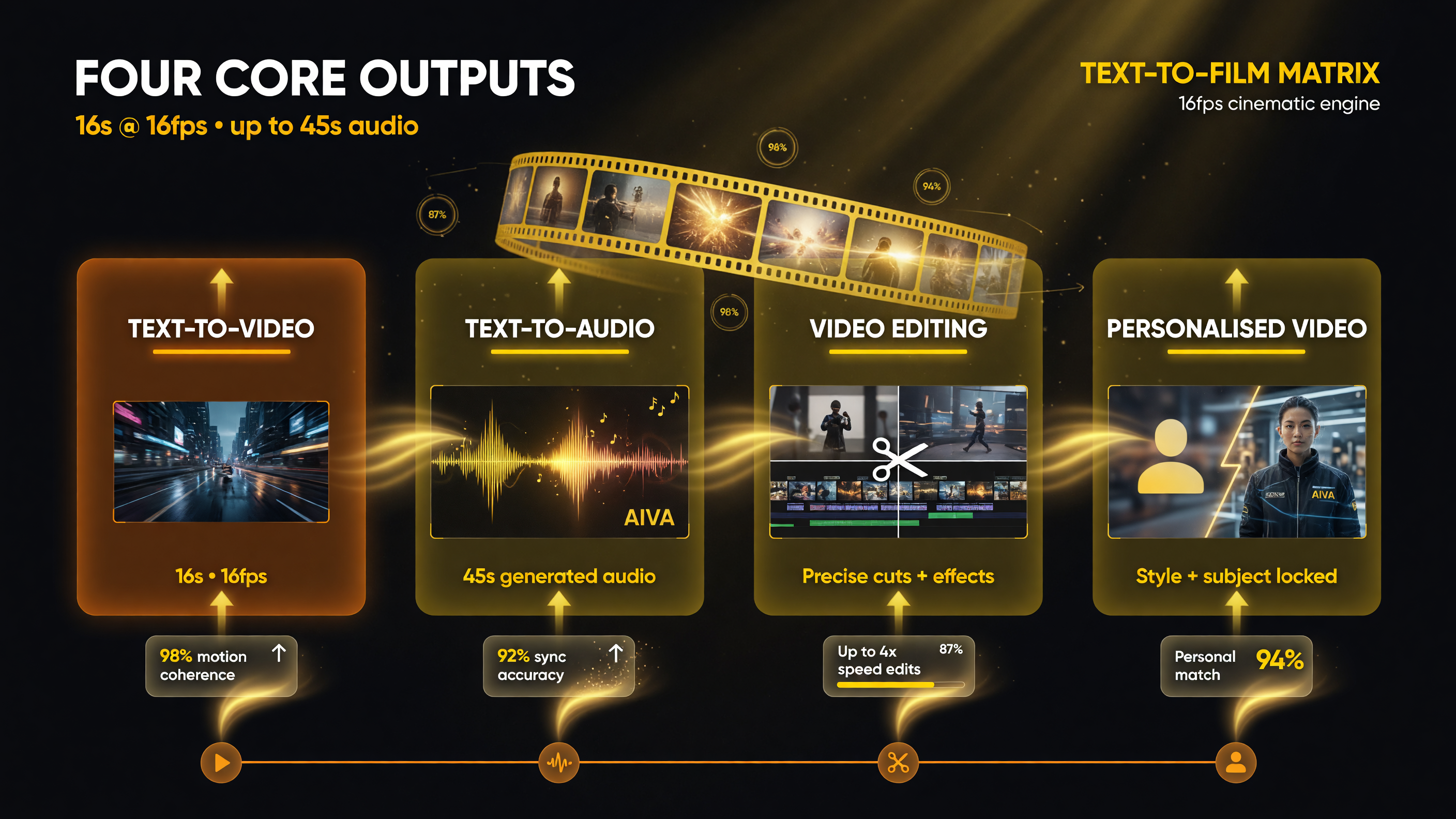 Capability matrix of Meta Movie Gen: text-to-video, text-to-audio, video editing, and personalised video, with 16-second 16fps clips and up to 45 seconds of generated audio