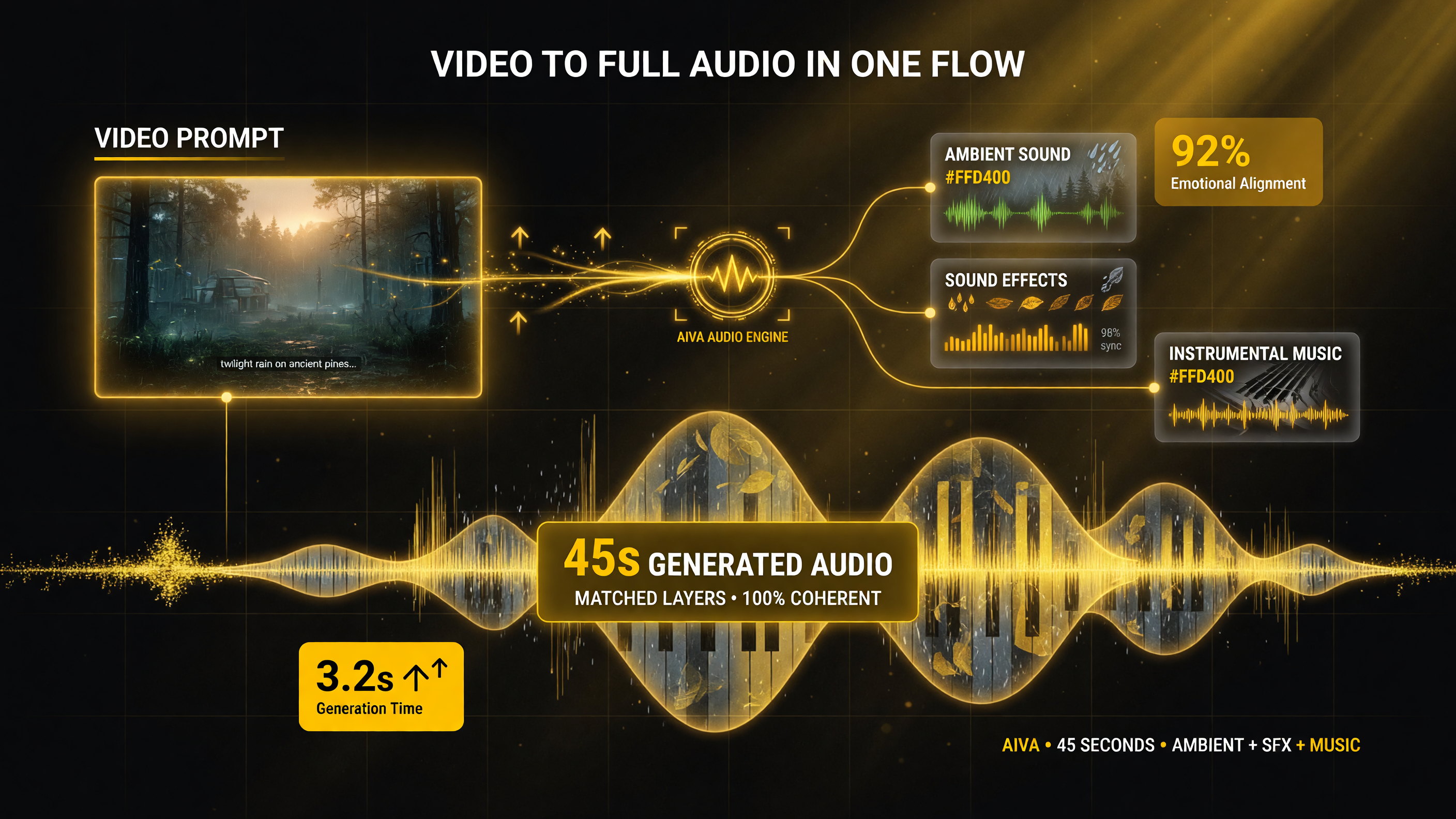 Meta Movie Gen audio workflow: video prompt and optional text feed the audio engine which outputs matched ambient sound, sound effects, and instrumental music, with up to 45 seconds of generated audio