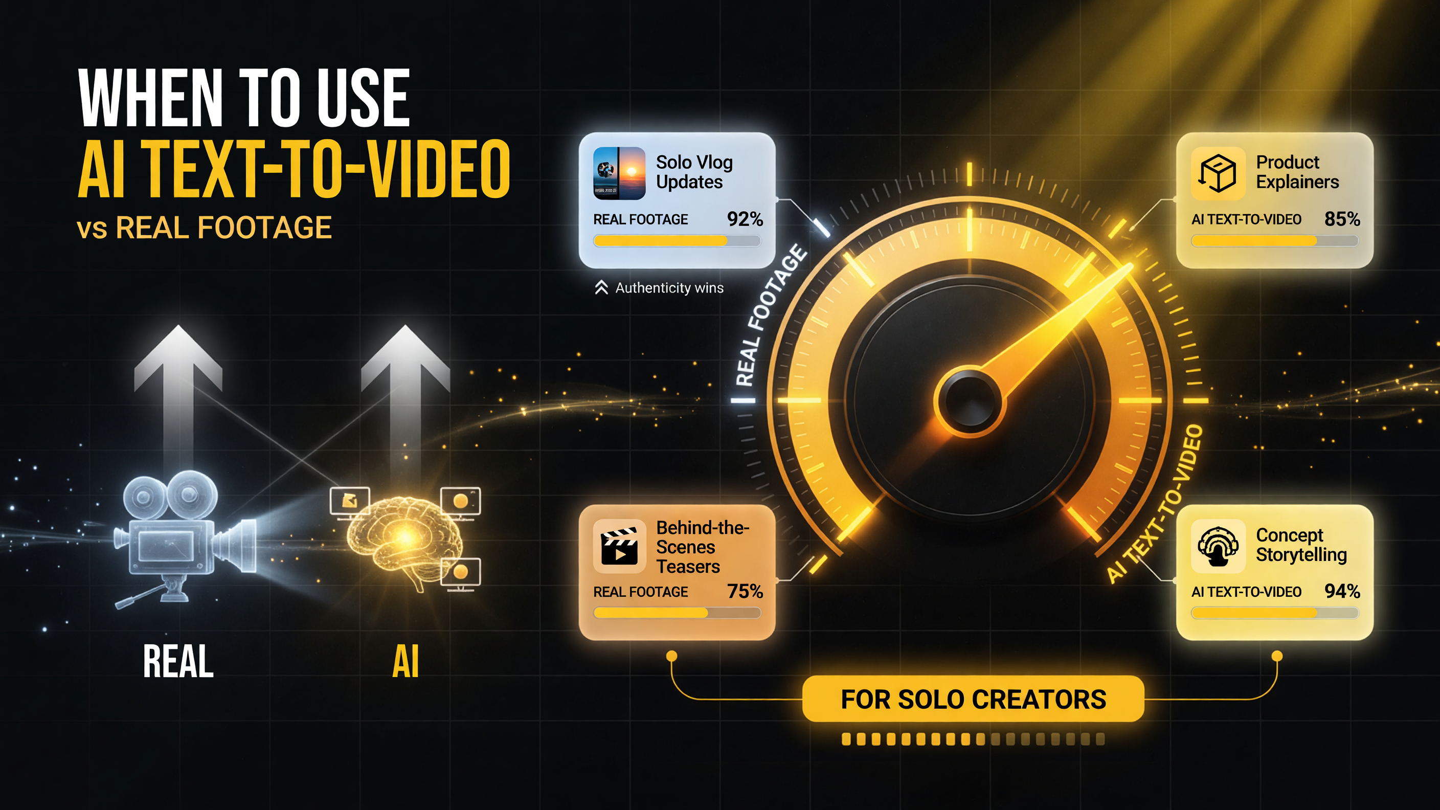 When to use AI text-to-video versus real footage across four solo-creator use cases: vlog updates, product explainers, behind-the-scenes teasers, and concept storytelling