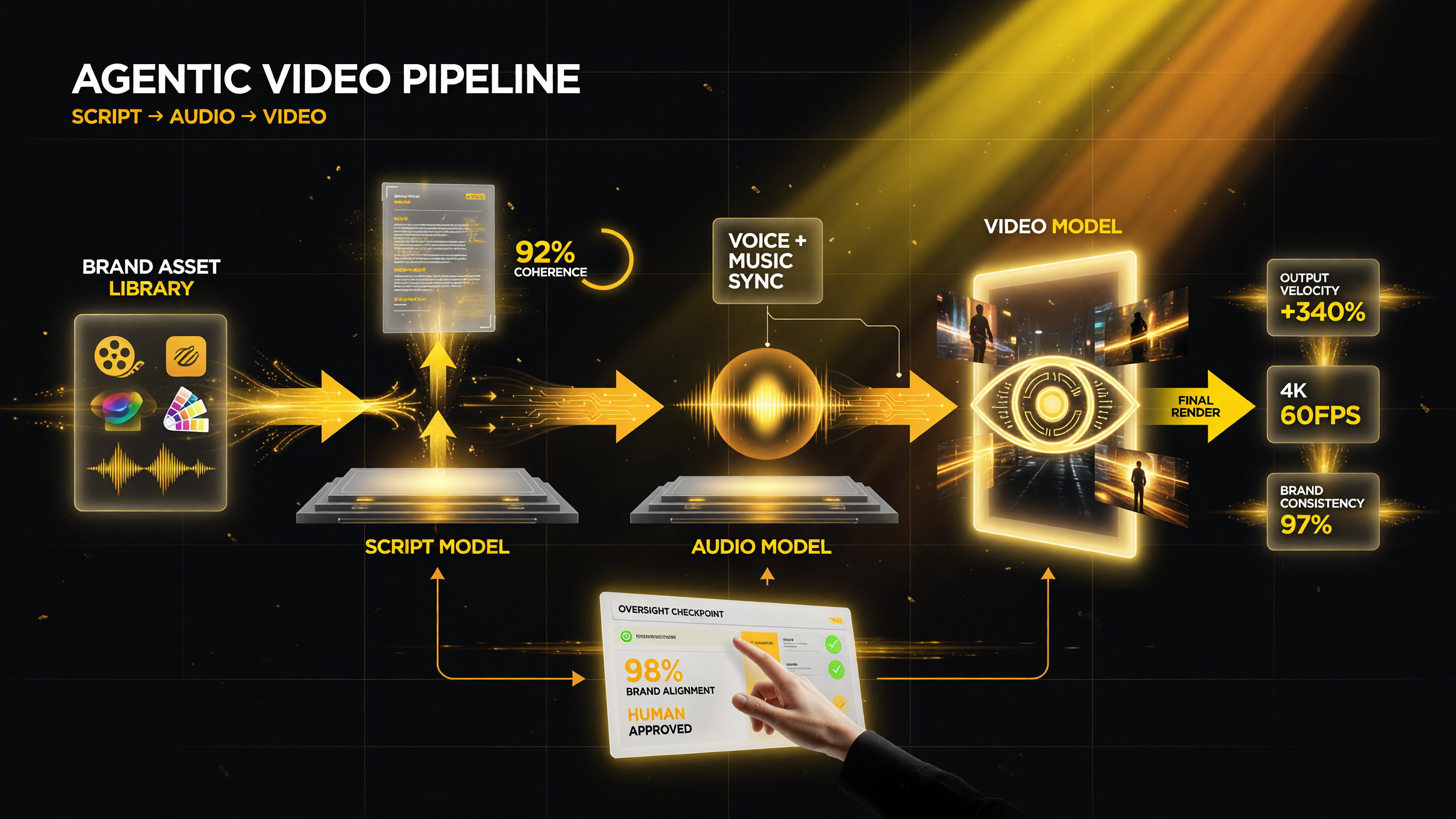 Agentic AI video production pipeline: brand asset library feeding a script model, audio model, and video model, with a human oversight checkpoint