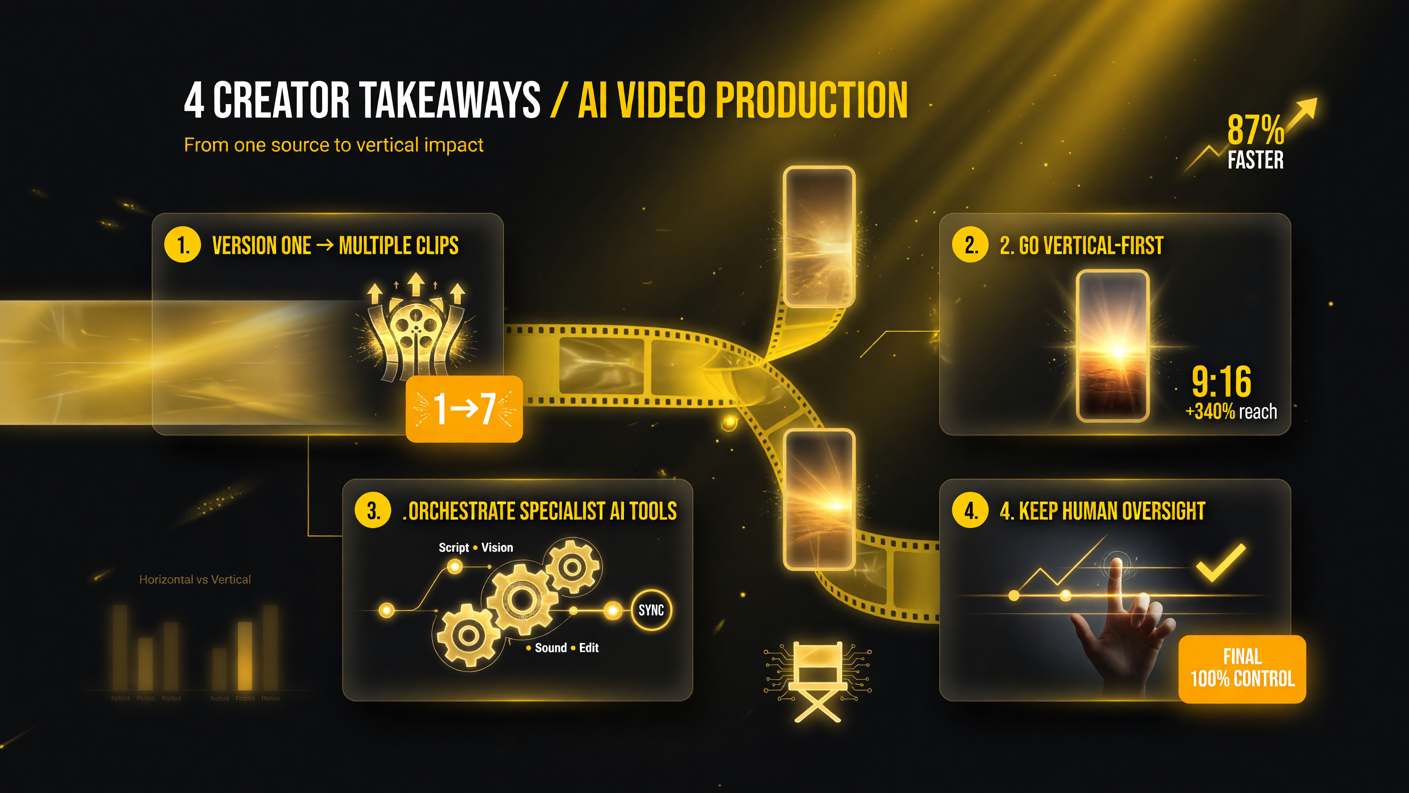 Four creator takeaways for AI video production: version one source into multiple clips, go vertical-first, orchestrate specialist AI tools, and keep human oversight