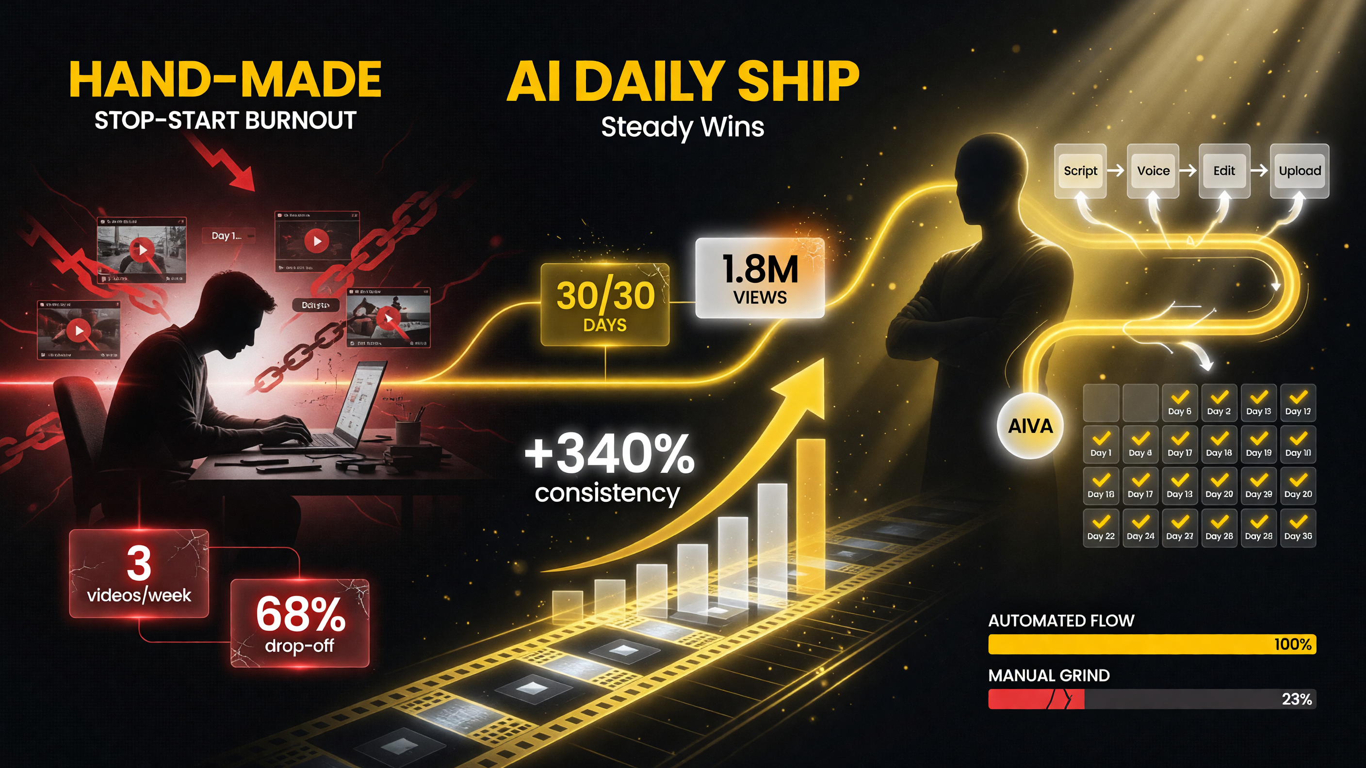 ShortsFaceless keeping a faceless channel on a steady daily shipping cadence with the automated AI pipeline versus the stop-start burnout of hand-making videos every day